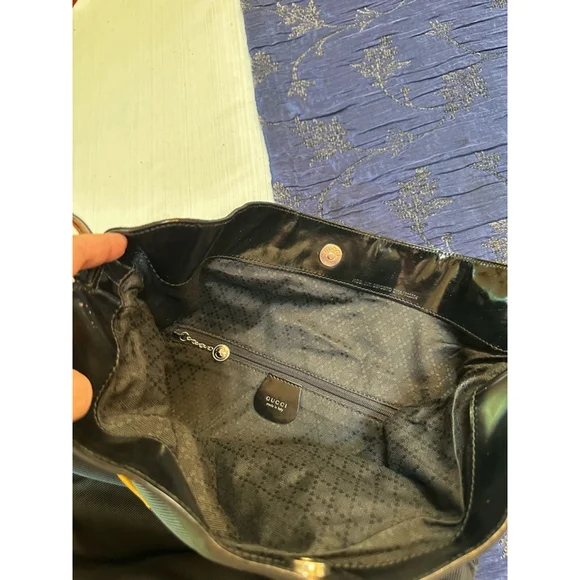 Gucci Black Nylon & Patent Leather Shoulder Bag w/ Bamboo Handle - Picture 15 of 16